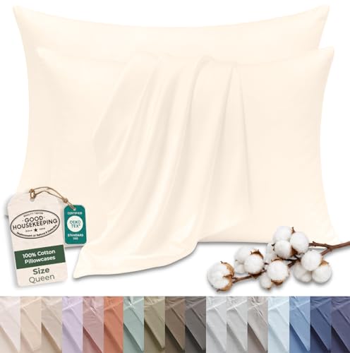 Image of Royale Linens 100% Cotton Pillow Cases Queen Size Set of 2 - Percale Pillowcase - Cream Pillow Cases Super Soft Cooling & Breathable Hotel Cotton Pillowcases, Fits Queen Pillows (20 inchx30 inch, Cream)