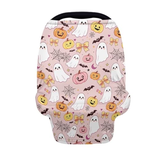 Image of Wanyint Nursing Cover Carseat Canopy Cover Adorable Car Seat Covers for Babies Girls Boys Breathable Nursing Cover for Boys Girls Halloween Decor, Cute Ghost Pumpkin Cobweb Pink