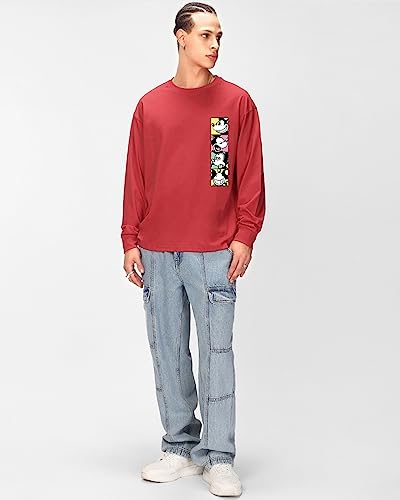 Image of Bewakoof X Disney Men's Cotton Printed Oversized Fit Full Sleeve Round Neck T-Shirt | Casual Wear | Street Wear | Oversized t Shirt for Men Cotton | Baggy