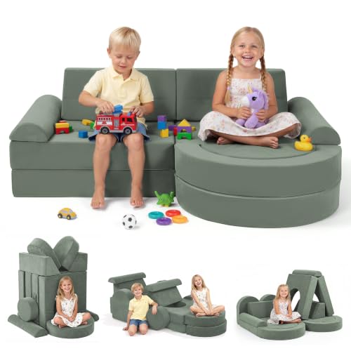 Fvkind Modular Kids Play Couch 16pcs Toddler Couch for Playroom Bedroom Toddler Modular Play Sofa Kids Sofa Building Fort with Convertible Foam Cushion for Boys and Girls Green
