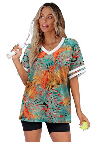 Image of WIHOLL Womens T Shirts Loose Fit Short Sleeve Tees V Neck Color Block Summer Tops 2026 Fashion S-4XL