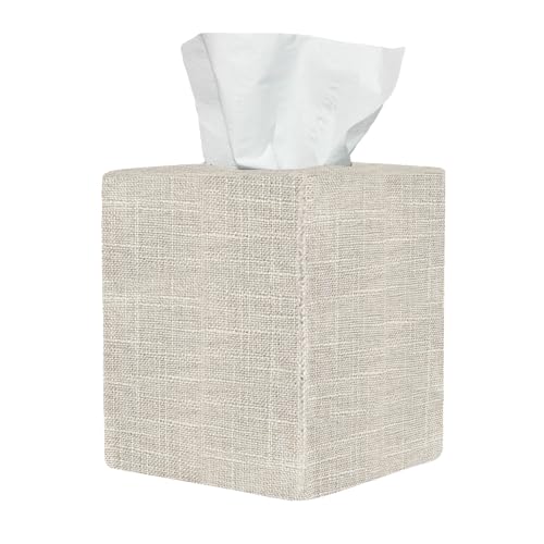 Tissue Box Cover Cute Beige Linen Fabric Decorative Square Tissue Box Holder/Organizer for Bathroom Vanity Countertop/Office/Nightstand/Desk