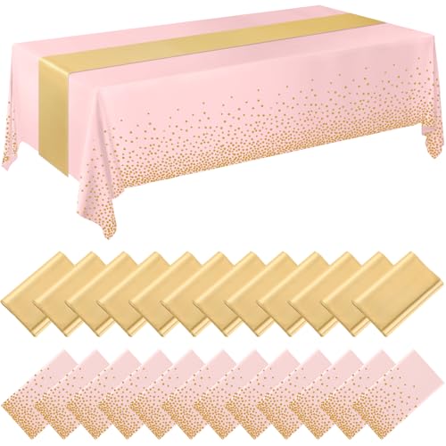 Breling 8 Pack Pink and Gold Tablecloths and Satin Runners Set