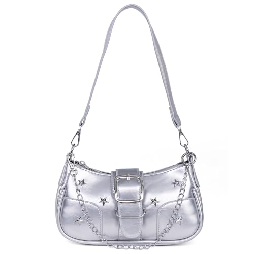 Image of Women's Y2k Silver Metallic Hobo Purse - Sparkly Evening Shoulder Bag for Party, Wedding, Going Out Handbag | Metallic Evening Bag