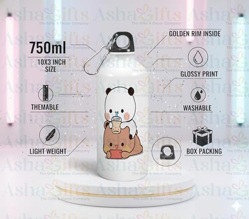 Image of Bubu Dudu Love Gift for Birthday /Anniversary Sipper Water Bottle 750 ML Aluminium with 320 ML Coffee Mug, Wooden Keychain Combo Pack MSK-V (Design-4)