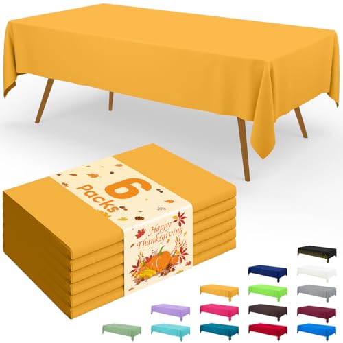 Image of Smiry Disposable Table Cloth - 6 Pack, 54 x 72 Inch Waterproof Rectangle Tablecloths for Parties, Decorative Plastic Table Cover, Leakproof & Sturdy, Mustard Yellow
