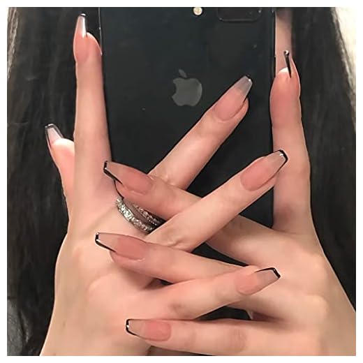 RikView Press on Nails Medium Length French Acrylic Nails Coffin Fake Nails Black Nails Tips Nude Full Cover Nails(Clear)