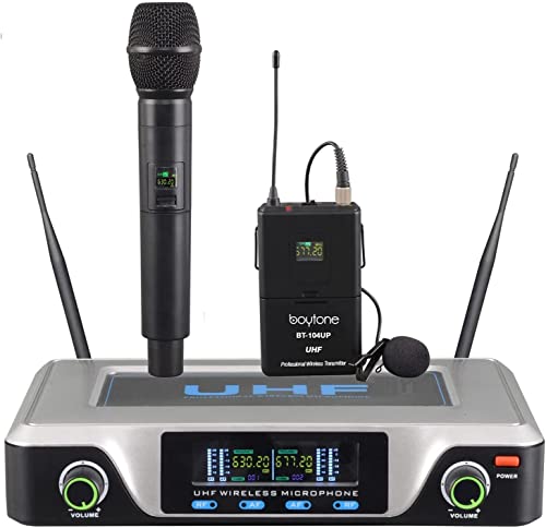 Boytone Bt-104Um, Uhf Wireless Microphone System, Dual Fix Channel Handheld Dynamic Mics/Lapel/Headset/Body Pack, For Home Party, Meeting, Wedding, Church, With Aluminum Carrying Case, 110/220 #TOP19
