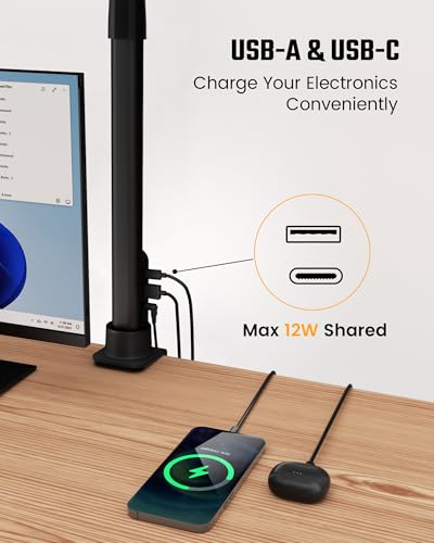 SUPERDANNY 24W Gooseneck LED Desk Lamp with USB Ports - Touch and Hand-Wave Control for Home Office and Gaming