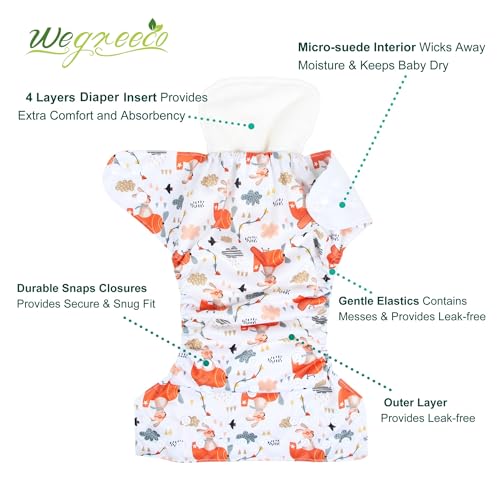 Image of wegreeco Cloth Diapers 6 Pack with 6 Inserts & 1 Wet Bag, Washable Cloth Diapers for Babies, One Size Adjustable Reusable (Bright Animals)