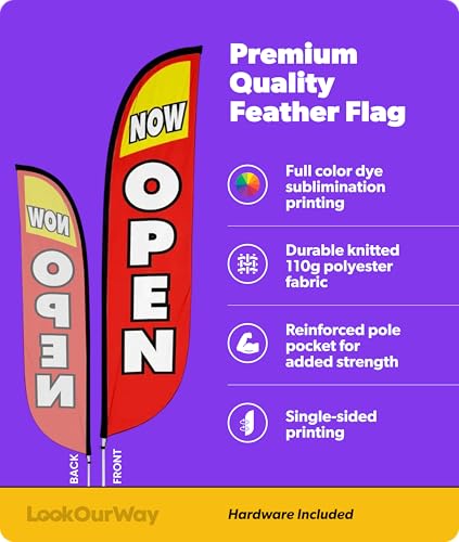 Image of LookOurWay Feather Flag Pole Kit - 12 Feet Tall Advertising Flag Banner with Fiberglass Pole Kit and Ground Spike for Business Promotion - Grand Opening Flags - Now Open Red & Yellow (10M1200030)