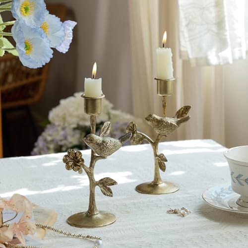 Opiniones y reviews de Nikky . 46 NIKKY HOME - Juego de 2 portavelas clásico de oro cónico, diseño de pájaros en rama, elegante candelabro de flores de metal para centros de mesa, decoración de boda y cena