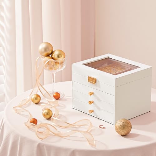 HOOBRO Coffre à Bijoux à 4 Niveaux, Boîte à Bijoux à Rabat Doublée de Velours avec 3 Tiroirs, Fenêtre en Acrylique, pour Colliers, Boucles d’Oreilles, Bracelets, Bagues et Montres, Blanc EWT27JB04 – vue 2
