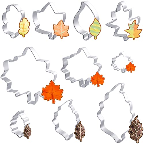 Skyley 10 Pcs Fall Thanksgiving Cookie Cutters Maple Leaf Oak Shaped Set Autumn Piecrust Cutter For Pie Fondant Crust Biscuit Birthday Party, Assorted Sizes, Silver, Approx. 2.1-5.3 Inches #TOP23
