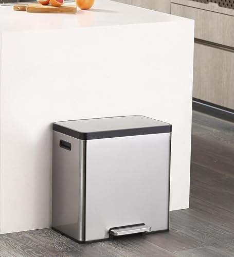 Image of Obsessions EKO Stainless Steel Dual Step Trash Can for Recycling, 10+10L Rectangular Kitchen Dustbin, Independent Pedals and Lids, Soft Close and Fingerprint Resistant, Metallic