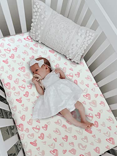 Image of Soft Fitted Crib Sheet, Stretchy and Breathable Toddler Crib Sheet for Boys and Girls, Fits Standard Crib and Toddler Mattress (Pink Hearts)