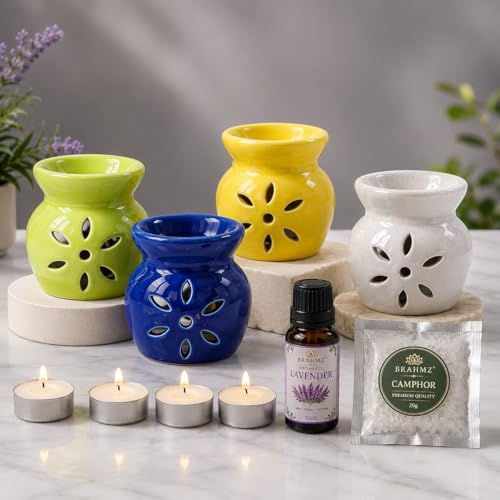 Image of BRAHMZ Ceramic Oil Burner Set of 4 with 4 Tea Light Candles and Rose Oil - Aroma Diffuser for Essential Oils, Aromatherapy, Home Fragrance, Meditation & Spa (Rose+Camphor)