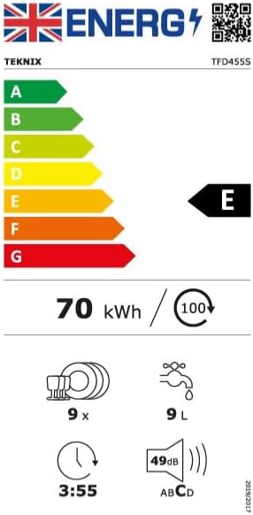 Teknix TFD455S Slimline Freestanding Dishwasher - 9 Place Settings - 30 Minute Rapid Clean - Extra Dry Function - Silver, H84.5 x W45.0 x D60.0 (cm)