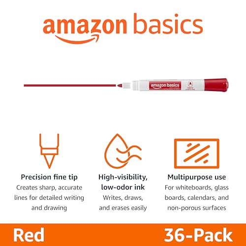 Image of Amazon Basics Low-Odor Dry Erase Whiteboard Markers, Fine Tip, Quick-Dry, Red, 36-Pack