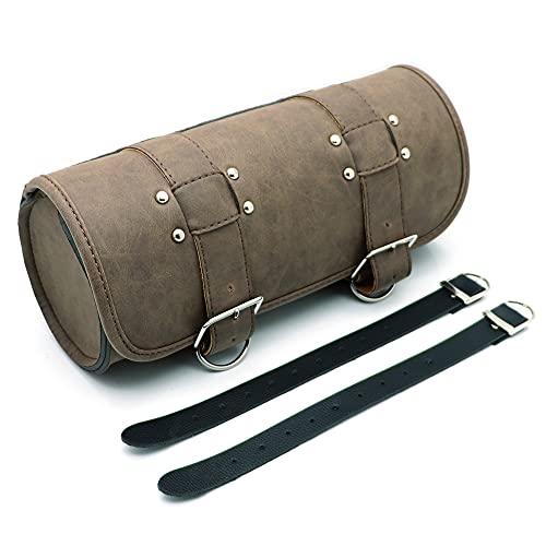 Mooreaxe Motorcycle Front Fork Tool Bag Roll Barrel Pouch Handlebar Rear Seat Saddlebag Chopper Bobber Cruiser Cafe Racer Softail Sissy Bar Saddle Bag(32*13*13Cm), Brown Round #TOP5