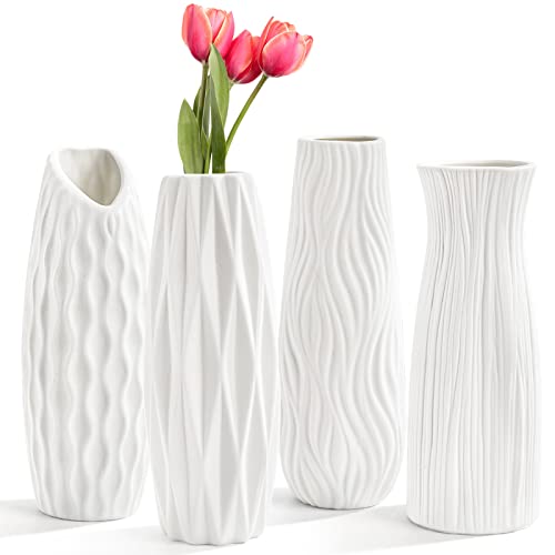 Peohud 4 Pack White Ceramic Vases, 9.5 Inch Tall Flower Vases for Home Decor, Modern Minimalist Floral Vase for Table Shelf Bedroom Kitchen Living Room Centerpieces