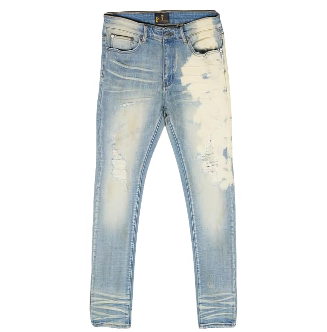 Hip-hop Style Men's Straight-Leg Mid-Rise Slim-fit Jeans with Frayed and Tie-dye Denim Fabric