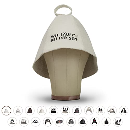 LoWell® Saunahut - Filzhut für Damen und Herren inkl. Sauna-Ratgeber - Ideales Sauna Zubehör für ein einzigartiges Wellness Erlebnis - Wie läuft´s bei dir so? - Saunamütze Saunakappe