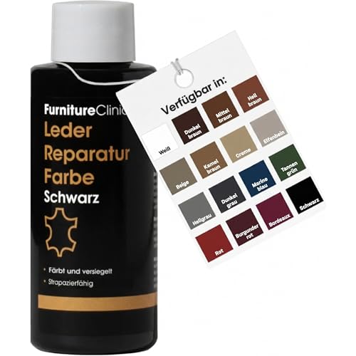 Furniture Clinic Leder-Reparaturfarbe 50 ml (Schwarz) – 2-in-1 Lederfarbe & Versiegelung für Möbel, Autositze, Taschen & Kleidung – Beseitigt Kratzer, Risse & Farbverlust bei glattem Echtleder