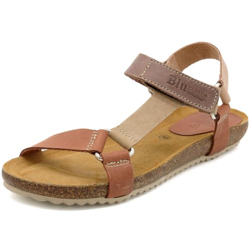 CASUAL Sandales à lanières en cuir pour femme au look extérieur avec semelle en gel confortable et semelle en liège, Multi Brown, 38 EU