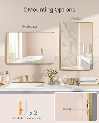 Songmics Bathroom Mirror, Wall Mounted Vanity Mirror, Rectangular, Aluminium Frame, 91 X 61 Cm, With Safety Film, 2 Mounting Options, For Living Room, Bedroom, Bathroom, Pale Gold LWM010AB01 - 6