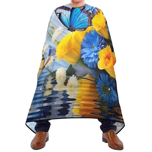 Capa para corte de cabello profesional impermeable con flores azules y amarillas, con cierre ajustable de broche, para peluquería y barbería