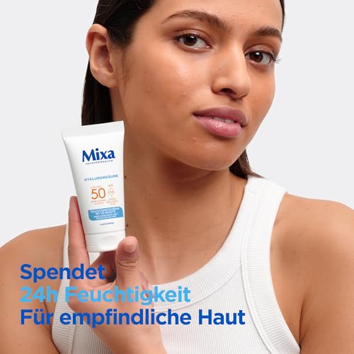 Mixa UV 50 Hydrating Care, Für sensible Haut, Schutz vor UVB + UVA + Long UVA, SPF 50, Mit Hyaluronsäure, Geeignet für Gesicht & Hals, Hypoallergen, 50 ml