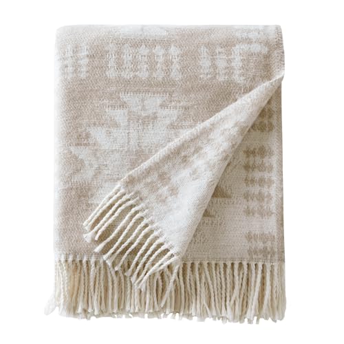 Woolrich Cotton Blend Jacquard Throw with Fringe Edge Lightweight All-Season Decorative Throw Blanket Machine Washable Oeko-TEX Certified Neutral Aztec 50x60