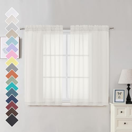 Image of OVZME Sheer Curtains Ivory 45 inches Long Kitchen Curtains, Rod Pocket Clean Selvedge Voile Window Treatments, 2 Panels=84 Inches Width.