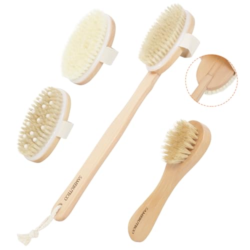 SAMEBUTECO Dry Brushing Body Brush Set Wood Long Handle with 3 Detachable Heads, Face Brush,Natural Boar Bristle Exfoliator for Lymphatic Drainage and Cellulite Treatment,Back for Shower,for Adults