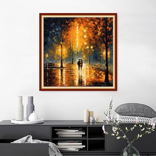 Image of Joyhoor Cross Stitch Kits for Beginners Stamped Cross-Stitch Supplies Needlework preprint Embroidery Kits for Adults DIY Needlepoint Kits Embroidery Patterns 11CT-Strolling Rainy Night 18.x18 inch