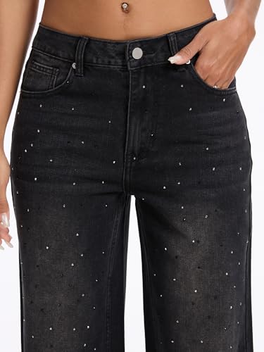 Womens Rhinestone Straight Wide Leg Jeans Vintage Wash Sparkling Baggy Denim Pants for Party Music Festival2