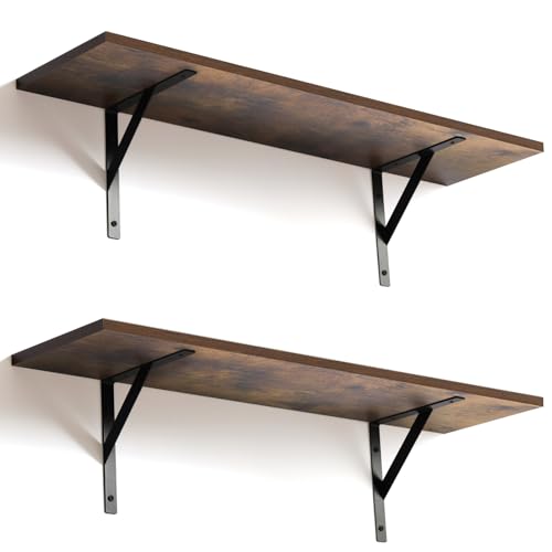 Tectocker-DOU 2 Pc Deep Floating Shelves ; Wall Mounted Hanging Shelves for Living Room, Kitchen, Office, Bathroom and Bedroom Decor; Storage and Display Shelf Set (Rustic Brown, 31.5W×8D)