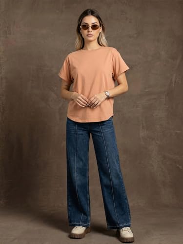 Image of JUNEBERRY Pure 100% Cotton Oversized Loose Fit Drop Shoulder Round Neck Boyfriend Fit Solid Half Sleeves T-Shirt for Women & Girls (Sizes: S to 2XL)