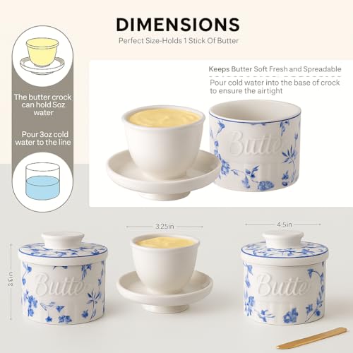 Image of Butter Crock with Water Line, Ceramic Butter French Keeper Dish with Lid for Fresh Spreadable Butter