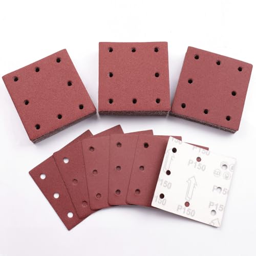 Sruhrak 110x115mm Sandpaper, 50 Pieces Sanding Sheets Hook and Loop Sanding Pads 150 Grits Rectangular Sander Paper Set for Bosch Electric Sander Polishing, Rust Removal