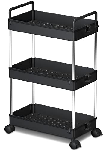 Ronlap 3 Tier Multi-Purpose Storage Trolley, Mobile Shelving Unit with Handle Hook Lock Wheels, Rolling Utility Trolley Slide Out Storage Organizer Tower for Kitchen Bathroom Laundry Room, Black