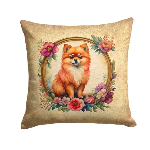 Caroline's Treasures DAC2184PW1414 Pomeranian and Flowers Fabric Decorative Pillow Machine Washable, Indoor Outdoor Decorative Pillow for Couch, Bed or Patio, 14Hx14W