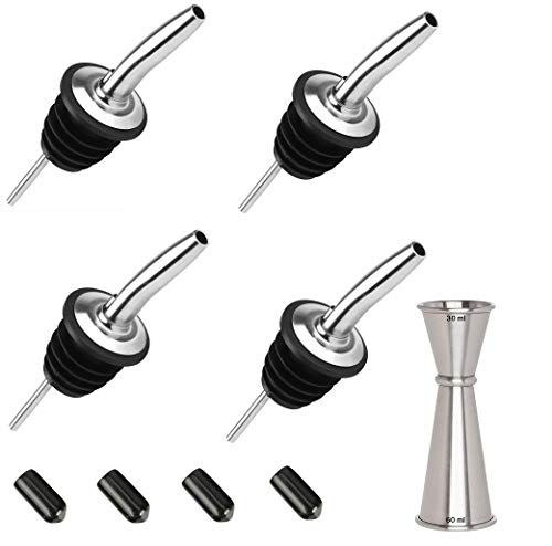 NJ Liquor Wine Oil Pourer, for Bar, Restaurants, Kitchen, Stainless Steel Free Flow Bottle Pour Spout with Black dust Cover and Japanese Peg Measurer 30/60 ml: 9 Pcs