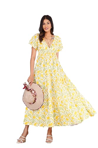 Robe longue d'été jaune fleurie fluide et légère contre la chaleur