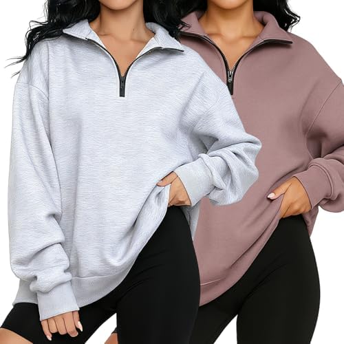 Chicingyou 2 Pack Quarter Zip Pullover Women Fleece Half Zip Oversized Sweatshirts Long Sleeve Shirts Fall Clothes(Taupe,Gray,M)