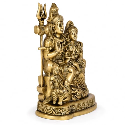 Image of Kartique Brass Shiv Parivar Idol | Antique Finish Shiv Parvati Murti for Home, Pooja Room, and Decoration | Statue Height 7.75 Inch