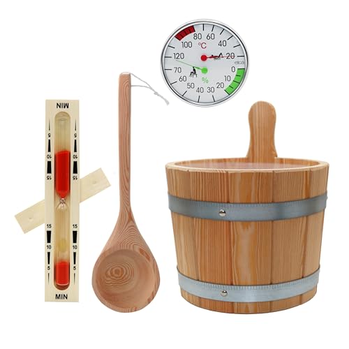 HAF® Set de cubo de sauna de alerce de 5 litros con inserto, paleta de sauna de 40 cm, madera de pino, reloj de arena y medidor climático, cubo de infusión resistente a la humedad, accesorios para