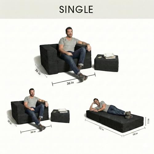 Image of C-Type Sofa Bed 3x6 Ft with Pouffe - Jute Fabric Convertible Floor Sofa Cum Bed with Wide Arm Support for Living Room & Guest Room - Black Color