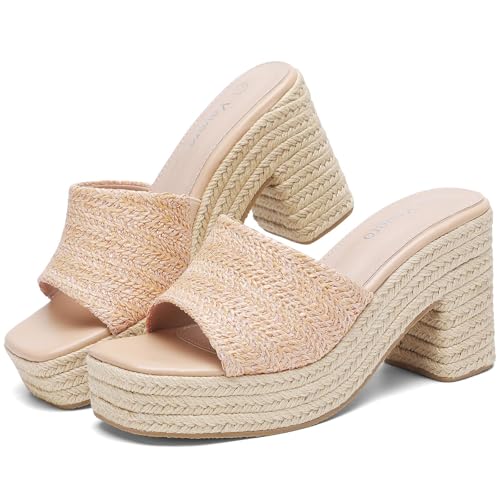Image of Yavero Espadrille Platform Sandals For Women Raffia Chunky Heels Open Toe Bohemia Sandals for Vacation,Beach
